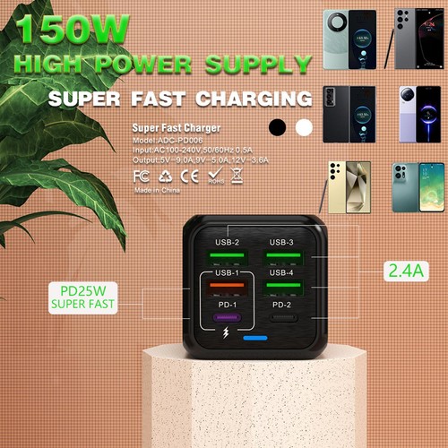 1x 150W 6 Port USB C USB-a Fast Wall Charger Block For All Cell Phone Laptop - Photo 3 sur 15