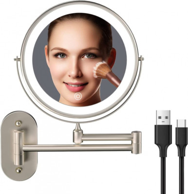 Rechargeable Wall Mounted Lighted Makeup Vanity Mirror 8 Inch Brush Nickel 