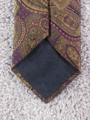 Fendi Roma Mens Tie Beige Purple Paisley Floral Silk Hand Made Italy Vintage - Picture 9 of 12