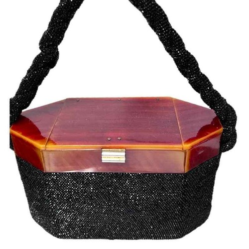 1940s Box Purse Black Carnival Beads Lucite Top Braided Handle 6 Side Rockabilly