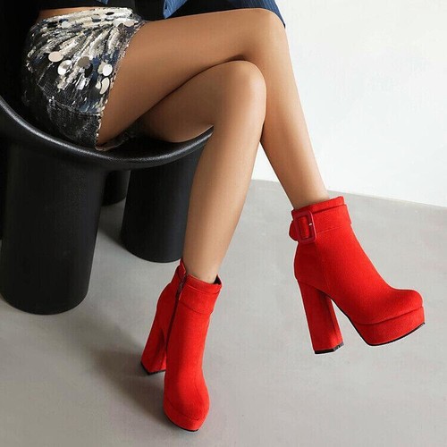 Womens Platform Faux Suede High Block Heel Zip Ankle Boots Party Casual Work SZ - Bild 5 von 14