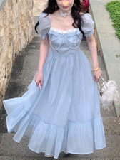Elegant Evening Party Midi Dress Women Blue Lace France Vintage Fairy PuffSleeve