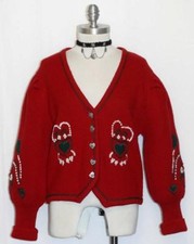 WOOL RED SWEATER Jacket Women German Knitted Winter Summer HEARTS 8 10 M B41"