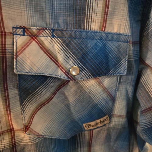 Wrangler Western Pearl Snap Shirt - Size XL - Blue Plaid Wrancher Short Sleeve - Picture 5 of 10
