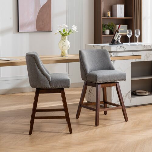 Set of 2 Bar Stools 26'' Height Swivel Fabric Counter Height Pub Bar Chairs Gray - Picture 12 of 12