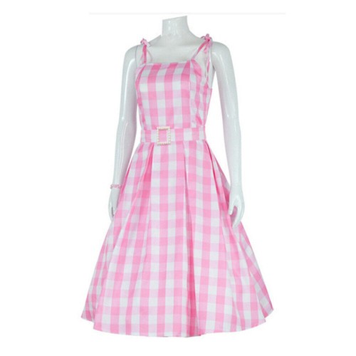 Mujer Barbie Rosa Cuadros Vestido Disfraz Carnaval Cosplay Vestido de Tirantes Vestido de Fiesta - Imagen 8 de 11