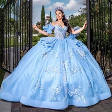 Sky Blue Quinceanera Dresses Ruched Lace Appliques Robe Party Sweet 15 Ball Gown