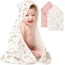 2-Pack Muslin Hooded Baby Towels, 100 Cotton, Ultra-Soft  Absorbent Baby Ba...
