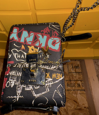 DKNY Black Graffiti Small Crossbody Bag Chain Strap Gold Hardware Lock Key