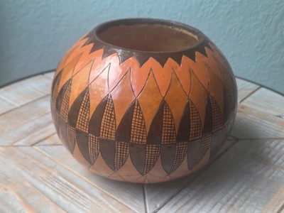 Small Hand-Painted Round Gourd 6.5''H Orange/Black Design