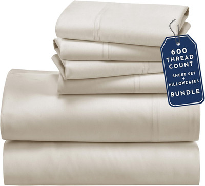 6 Piece Queen Size Sheet Set with 4 Pillowcases, 600 Thread Count 100% Cotton Sa