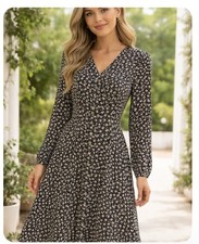KATIE MFG Floral LSleeve Vintage 80s Dress Size 12 Made In USA Union Made NOS