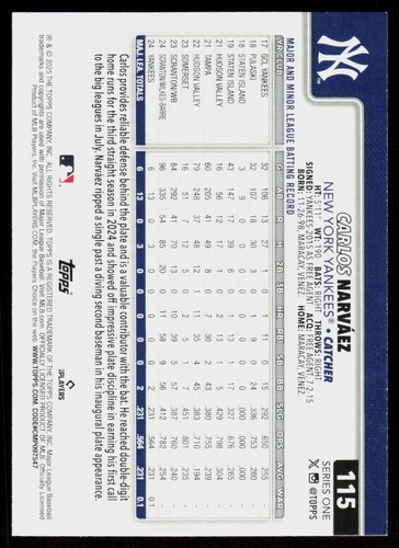 2025 TOPPS CARLOS NARVAEZ #115 Baseball Rookie NY YANKEES RC - Picture 2 of 2
