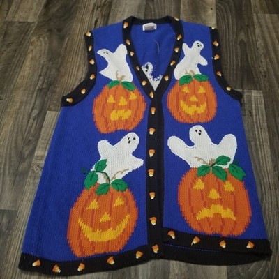 PBJ SPORT Halloween Knit Cardigan Sweater XL Pumpkin Ghost