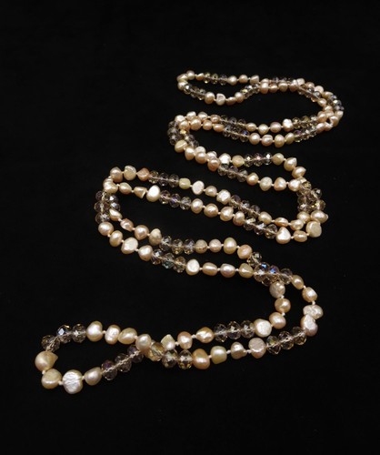 VTG Knotted Pink Beige Pearl & Faceted Glass Bead 60" Opera Length Necklace - Picture 3 of 7
