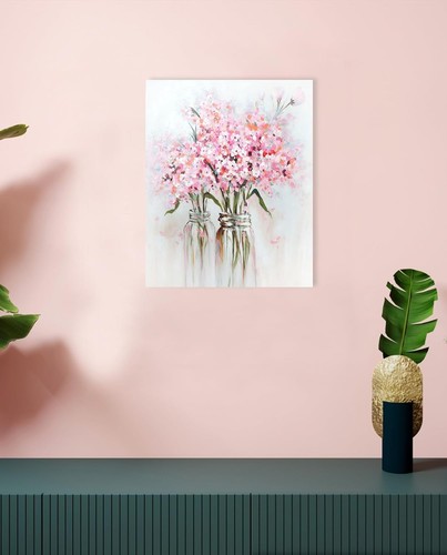 Pink Flowers Canvas Wall Art: Abstract Bouquet in Vase Artwork Prints for Tee... - Picture 2 of 5