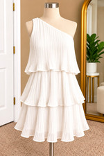 ZESICA White One-Shoulder Chiffon Mini Dress Pleated Ruffle Tiered, L