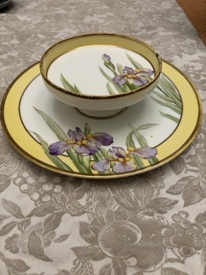 Ceramic Iris Floral Round cake platter with bowl 9 W 2.5 H