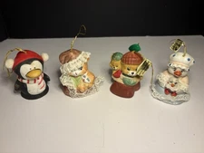 Four Vtg. Jasco Caring Critters & Lil Chimers Ceramic Bell Christmas Ornaments