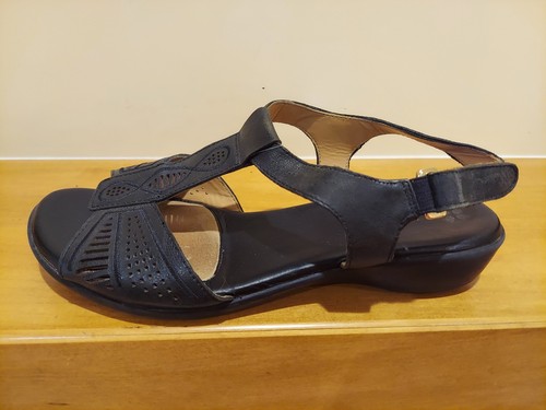 NATURALIZER LEATHER FLAT STRAPPY SANDALS WOMENS SZ 8.5 W ADJ HOOK & LOOP BLACK - Picture 11 of 16