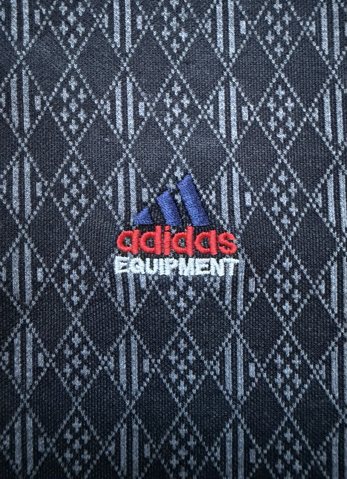 Very Rare Vintage Adidas Equipment Polo Shirt Black All Over Pattern Polo 90s thumbnail 3