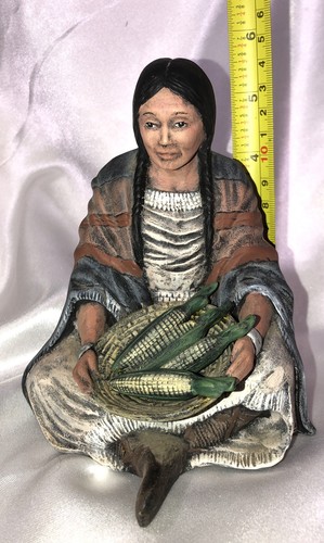 Native American Indian Woman Figurine Tribal Pottery Sitting Bowl of Corn VTG - Picture 7 of 8