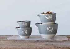 Stoneware Wet or Dry Batter Bowl Shaped Measuring Cups Set of 4 Grey and White