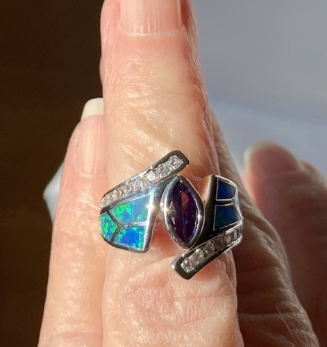 New 18k White Gold Filled Blue Opal Inlay -Amethyst Center W/CZs Each Side Ring - Picture 2 of 7