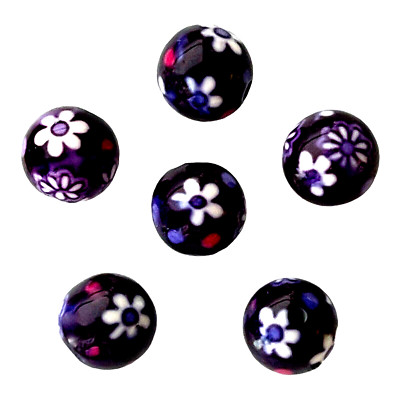 10 Beads Flower Print Floral Pattern Round Navy Blue White Red 9-10mm Resin