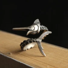 Adjustable 925 Sterling Silver Marlin Fish Fishbone Ring Punk Vintage Gothic