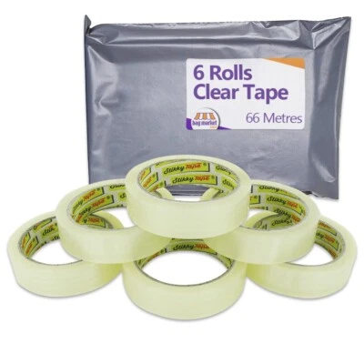 STIKKY 6 Rolls Strong Clear Cellotape Sellotape, 66 Metres Sticky Tape, Parcel Packing