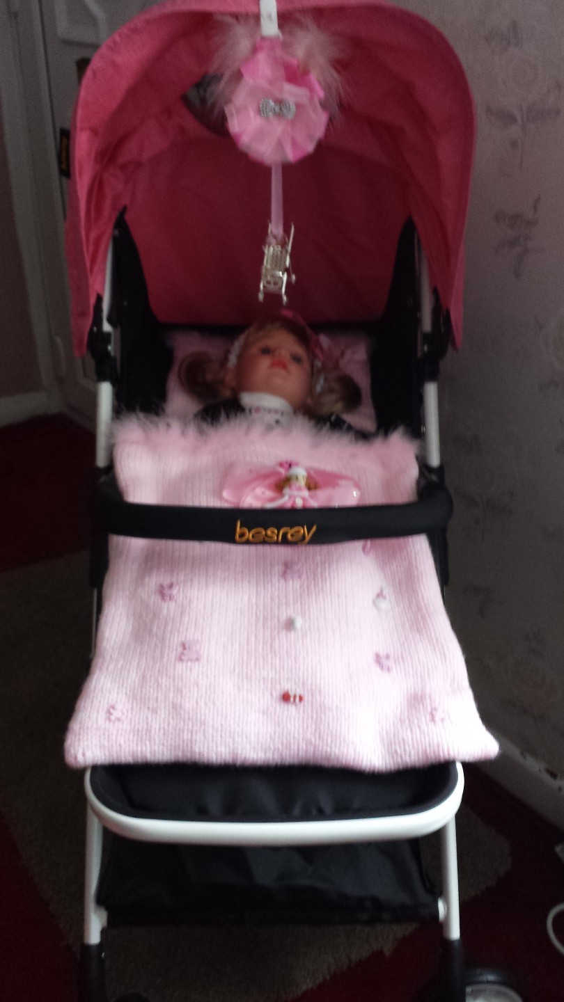 Hand knitted dolls pram blanket pillow pink blue lemon mint multi