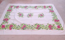 White Christmas Tablecloth With Green/Red Floral Theme W Bow 84"X58.5"