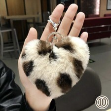 Pom Pom Keychain Leopard Print Keyring Fluffy Faux Fur Heart Cute Gift Retro