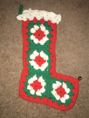 Vintage 80s Granny Square Stocking Christmas Handmade Crocheted Wool Knitted USA