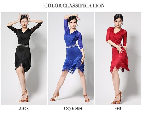 Women Wear Half Sleeves Spandex Mesh Fringes Latin Dresses with Peals Belt - Picture 13 of 27