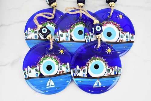 Evil Eye Santorini Themed Hand Painted Large Glass Wall Hanging - Bild 7 von 7