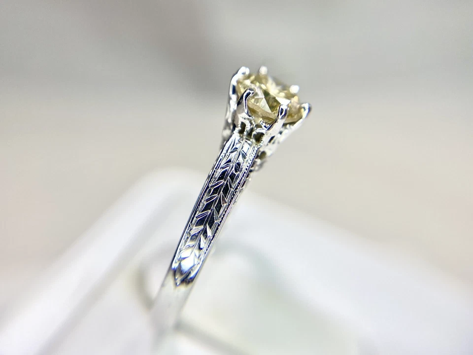 Vintage 18k White Gold Natural Brown Round Diamond Filigree Engagement Ring - Image 4 of 4