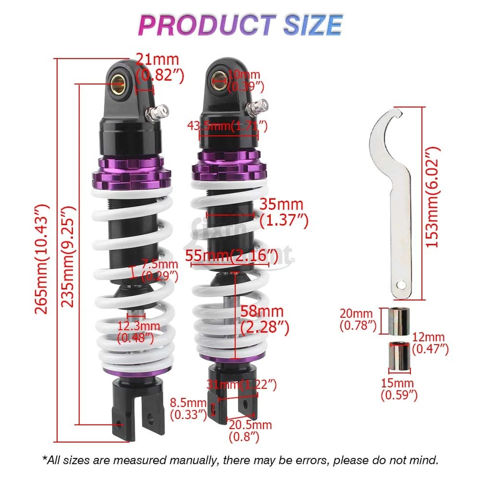 Par Amortiguador de suspensión amortiguador de aire trasero universal 265 mm para Honda Yamaha Foto 2 de 4