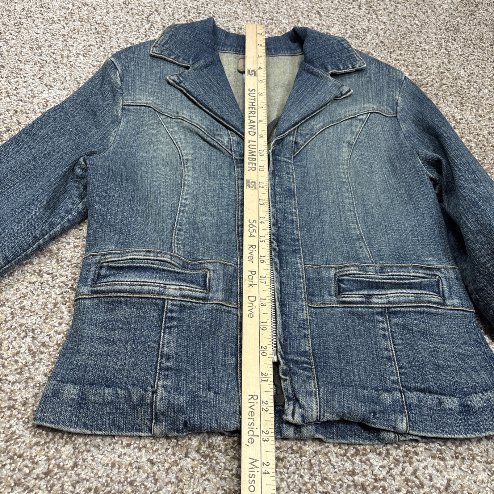 Jill Stuart Jeans Front Zip Denim Jacket Mid-Length V-Neck Blazer Size 3 - View 9