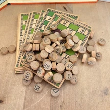 Vintage Lotto BINGO Game 81 Wood Chips and 12 Cards