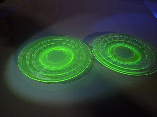 Lot Of 2 Uranium Vaseline Green Block Optic 6" Sherbet Plate / Saucer