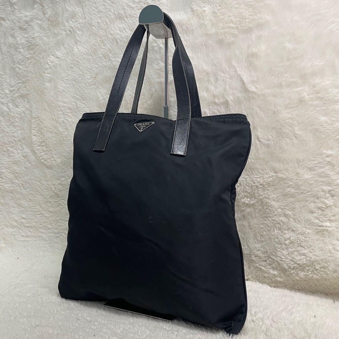 Prada Black Nylon Tote with Leather Trim Triangle Logo A4 Size Used