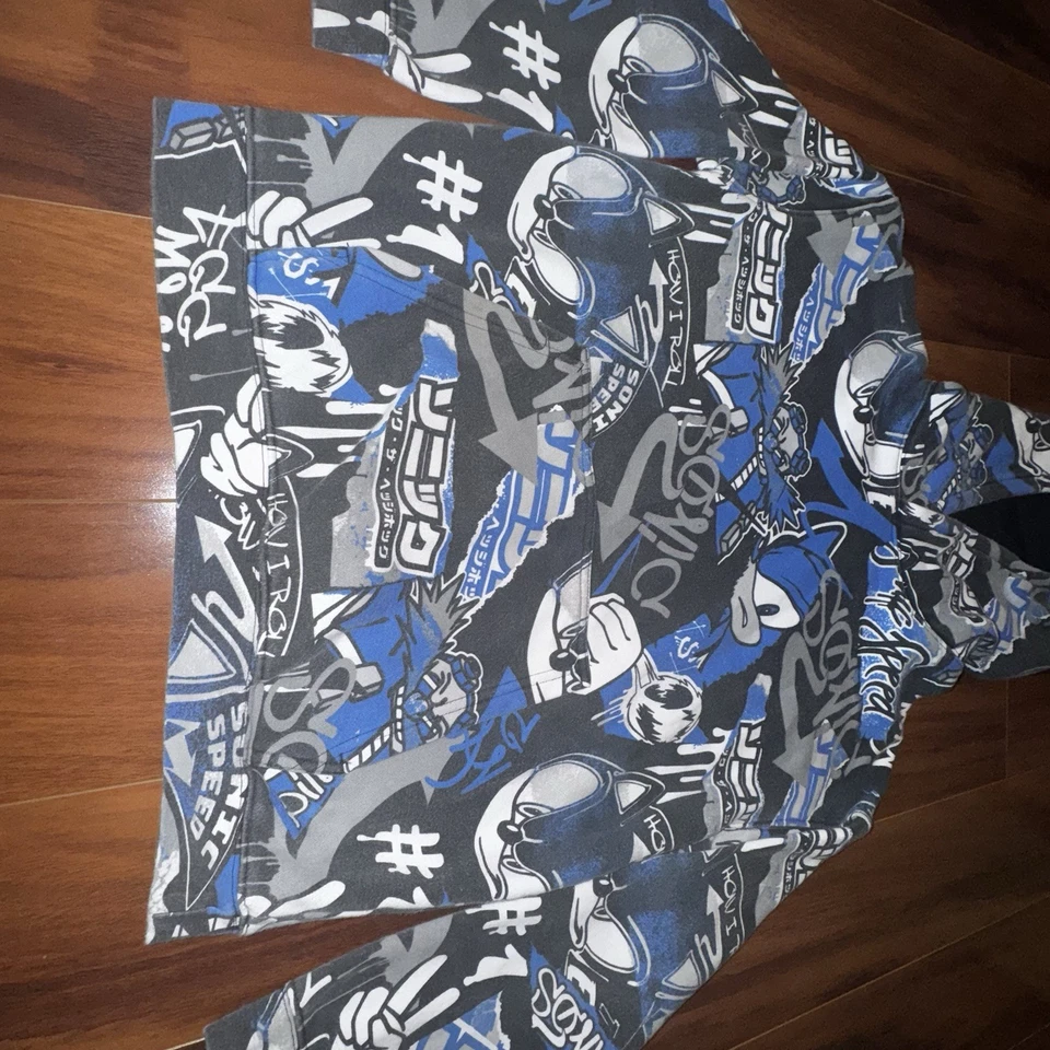 Sudadera con capucha Sonic the Hedgehog H&M Youth 16 158 graffiti estampado azul RARA Foto 2 de 4