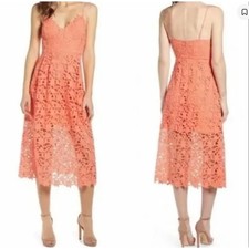 ASTR the Label Coral Pink Lace Midi Dress Wedding Guest Boho Size Large