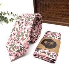 Floral Blush Pink Neck Ties  Pocket Square Set   Wedding Groomsmen Necktie