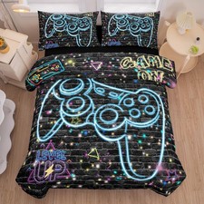 5Pcs Gaming Comforter Set, Blue Lighting Effect 3D Gaming Contoller Themed Pr...