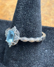 925A mark Sterling Silver AQUAMARINE Gemstone EMERALD CUT Ring sz 8 MARCH BIRTH