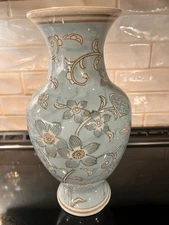 Light Blue And White Flower And Heart Chinoiserie Style 14” Ceramic Vase