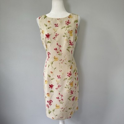 Vintage Ann Taylor Silk Noil Floral Knee Length Dress Size 14 Ivory